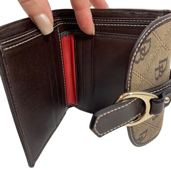 Dooney Bourke Signature Compact Wallet Trifold Brown/Tan Jacquard Leather Trim - Picture 7 of 11